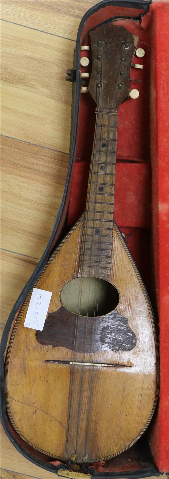 A cased mandolin